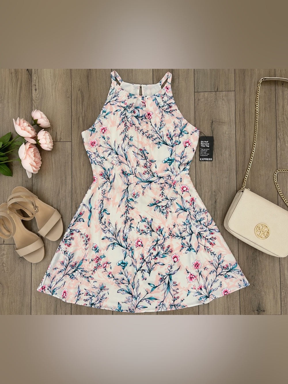 Express Floral Fit & Flare Dress NWT Pink white blue Sleeveless halter women’s 8